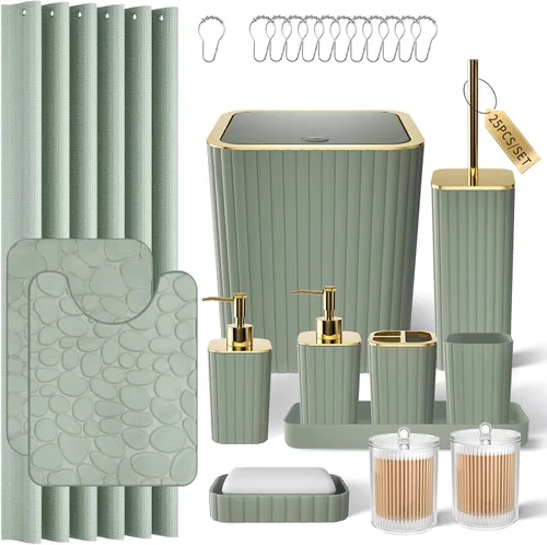 Miniatura 23 de XLHOMO Bathroom Set- 25PC Beige Bathroom Set, Bathroom Set with Shower Curtain and Rugs, Beige Shower Curtain Set, Toilet Brush, Bathroom Trash Can