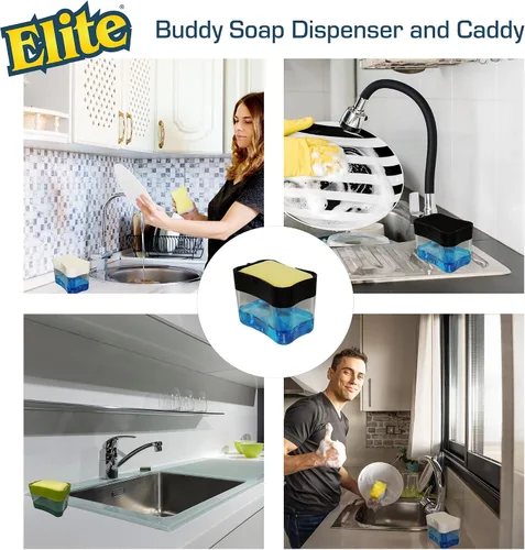 Miniatura 5 de Elite Buddy - Dispensador de jabón para platos y soporte de esponja para encimera de fregadero de cocina, incluye esponja limpiadora antiarañazos