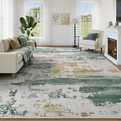 Miniatura 16 de Kelarea Alfombra lavable para sala de estar, 5 x 7 antideslizante, alfombras modernas abstractas color beige, alfombra de pelo bajo fácil
