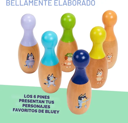 Miniatura 4 de Bluey Juego de Bolos de Madera – Juego de Bolos con 6 Pines de Bolos de Madera con Personajes, Juguete Duradero para Niños de 3+ Años, Juego