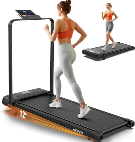 ANCHEER Cinta de correr con inclinación del 12%/15%, almohadilla plegable con barra de asa, capacidad de 320-450 libras debajo del escritorio,