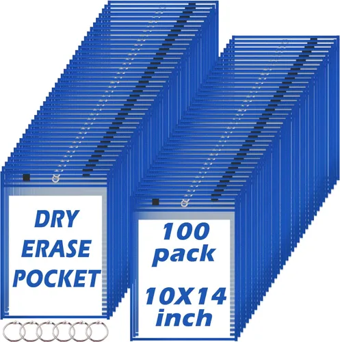 Miniatura 12 de Oleitodh - 100 paquetes de fundas de bolsillo reutilizables de borrado en seco extragrandes con 6 anillas, 20 colores surtidos 10x14 para boletos