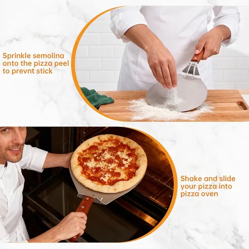 Miniatura 5 de IUAQDP Espátula de pizza de acero inoxidable, pala de cáscara, elevador de pasteles, mango de madera, soporte para placa de hornear, pizza casera