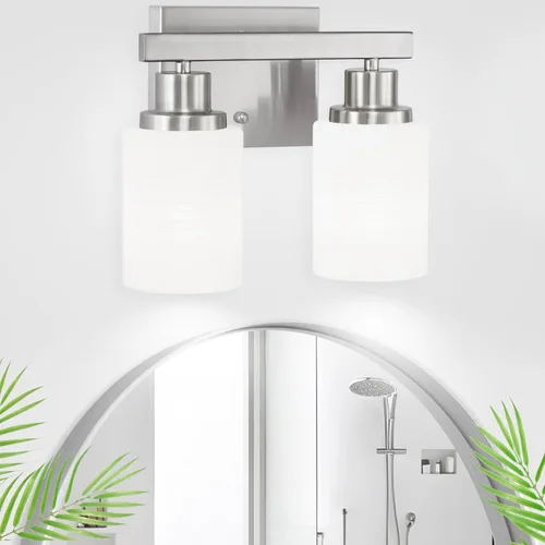 Miniatura 25 de Juego de 2 apliques de pared para baño, 1 luz negra, apliques de pared modernos para interiores con pantallas de vidrio blanco, lámpara de pared