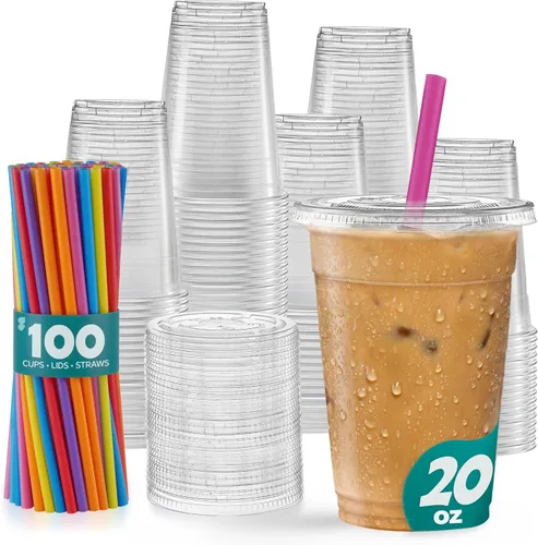 GUSTO [20 oz. - 100 Vasos Transparentes con Tapas Planas y Pajitas - Vasos Transparentes Desechables para Café Helado, Bebidas Frías, Malteadas y