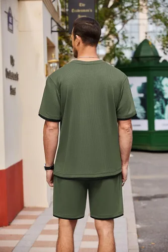 Miniatura 9 de COOFANDY Conjunto de camisa y pantalones cortos de gofre para hombre, conjunto de 2 piezas, conjunto casual de verano con bolsillos