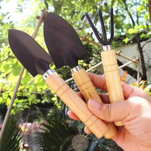 Miniatura 6 de Juego de 3 mini herramientas de jardín, palas pequeñas y rastrillo de mano con mango de madera maciza, herramientas de jardinería