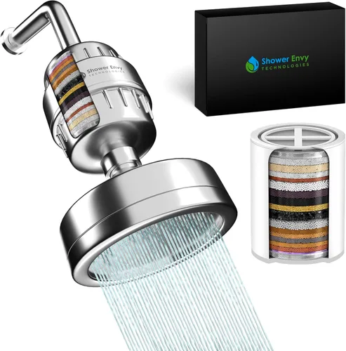 ShowerEnvy 5.0 - Cabezal de ducha filtrado – Suavizador de agua de 15 etapas con vitamina C y E para piel y cabello saludables – Alta presión,