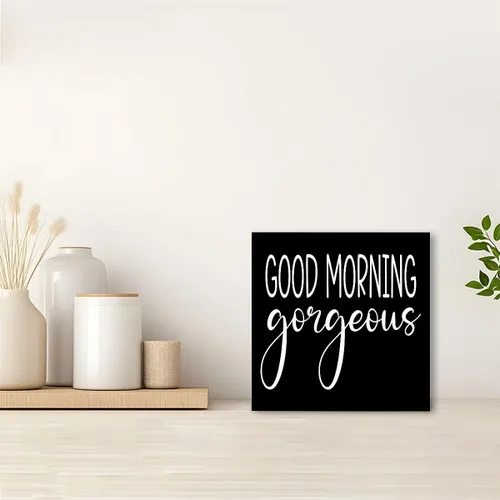 Miniatura 3 de Divertido letrero de madera negra para baño, con texto en inglés "Good Morning Gorgeous Wood Block" para baño, estante de baño, baño, hogar, mesa