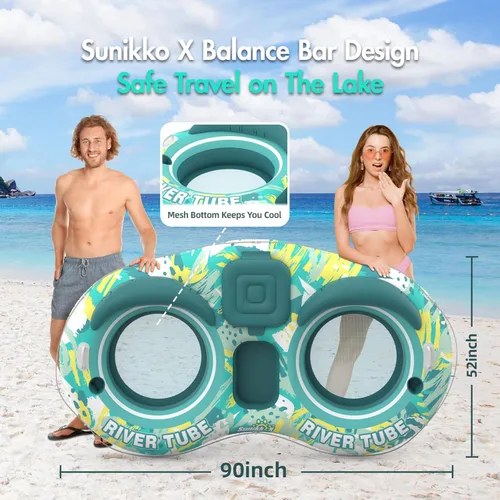 Miniatura 4 de Sunikko X 5-in-1 Pool Floats Adult Heavy Duty River Tube, 2 Person Water Lounge Tanning Pool with Backrests, Built-in Cooler, Cup Holders, Deluxe