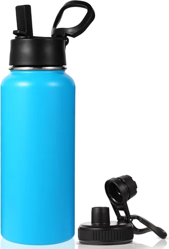 Miniatura 8 de Neihepal Botella de agua aislada de 32 onzas con 2 tapas (tapa con pajilla y boquilla), botellas de agua de doble pared de acero inoxidable 18/8