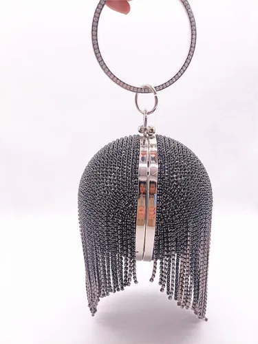 Miniatura 6 de Bolso de mano redondo para mujer, deslumbrante borla de diamantes de imitación, bolso de noche con asa de anillo, bolso de noche para mujer, bola