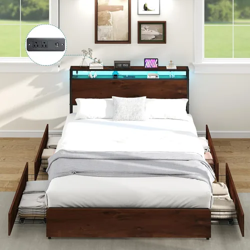 Miniatura 10 de Kiivakii Estructura de cama tamaño completo con cabecero, cama plataforma LED con 4 cajones de almacenamiento, estación de carga integrada, sin Negro