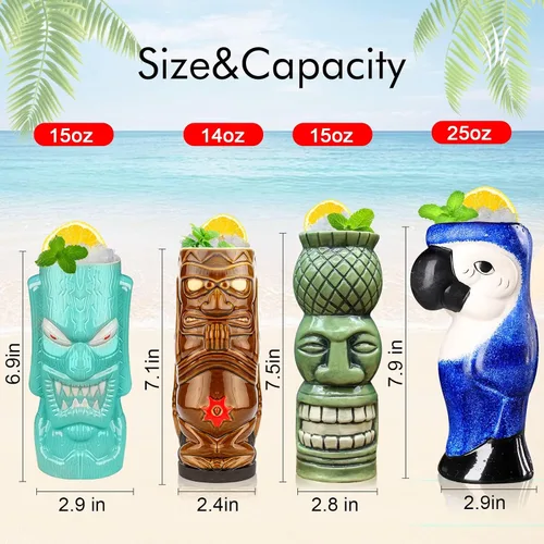 Miniatura 2 de SuproBarware Tiki - Juego de 4 tazas grandes de cerámica hawaiana para fiesta, cócteles, copas tropicales de primera calidad, bonitas copas