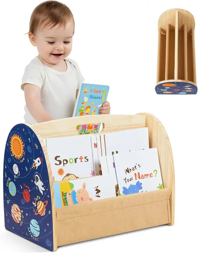 Miniatura 8 de Estantería infantil SheSeek de doble cara con 4 niveles de fundas profundas, estante de libros de madera para niños Montessori para habitación