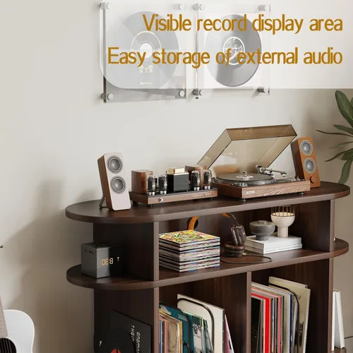 Miniatura 4 de LIVEHOM Soporte redondo grande para tocadiscos, armario de almacenamiento de discos de madera, soporte para discos de vinilo con área