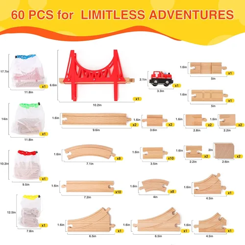 Miniatura 4 de Juego de 60 pistas de tren de madera, accesorios de expansión para niños pequeños de 3 a 5 años, 100% compatible con todas las principales marcas