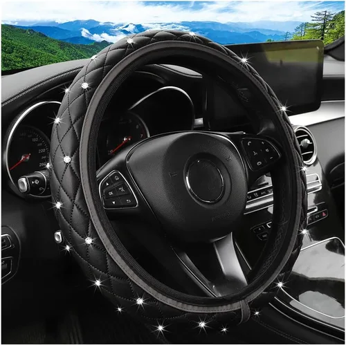 Funda de volante de coche con brillo, 15" de cuero elástico antideslizante con strass de cristal, protector de volante para vehículos, accesorios de