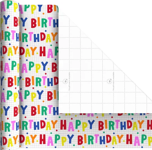 Miniatura 5 de Hallmark Mini rollos de papel de regalo de cumpleaños, paquete de 3 (lunares arcoíris y letras, Yay azul y blanco) para fiestas infantiles