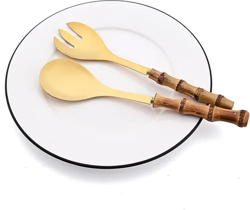 Miniatura 5 de Juego de 4 utensilios para servir con mango de bambú, cuchara larga de acero inoxidable 304, tenedor para cocina, bufé, restaurante, boda, fiesta
