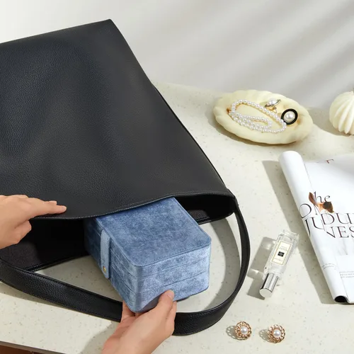 Miniatura 6 de Joyero pequeño de terciopelo para mujeres y niñas, estuche portátil de viaje de doble capa para anillos, colgantes, aretes, collares, organizador