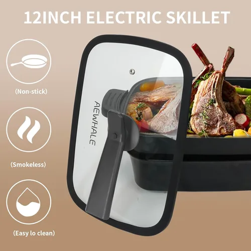 Miniatura 3 de AEWHALE Parrilla eléctrica multifuncional 3 en 1, sartén eléctrica antiadherente con tapas, parrilla de fiesta de 1400 W para cocinar carnes