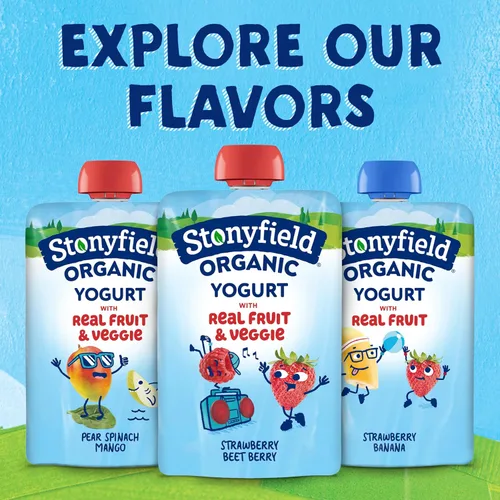 Miniatura 8 de Stonyfield Organic Bolsas de yogur de leche entera para niños, 3.5 onzas, cada unidad, verduras de fruta real, mango de espinacas y pera