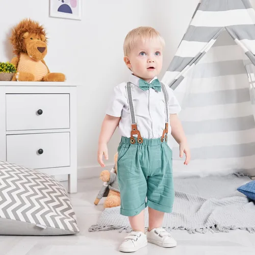 Miniatura 6 de Conjunto de traje de caballero de manga corta para bebé niño con corbatín + pantalones cortos con tirantes y pantalones cortos para bautizo festivo