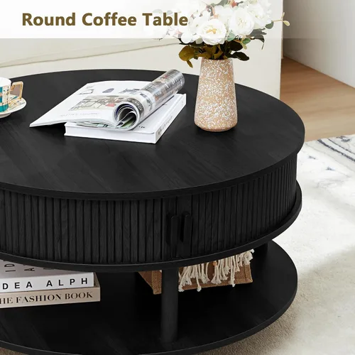 Miniatura 9 de XUZENEST - Mesa de café redonda de 31.5" con almacenamiento, mesa de café de 2 niveles de mediados de siglo moderna con puerta deslizante de tambor