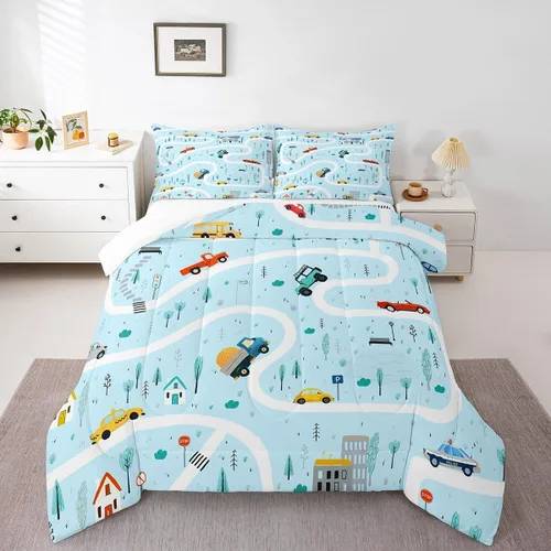 Miniatura 3 de Juego de edredón de caricaturas de autos para adolescentes, juego de ropa de cama de transporte urbano, ropa de cama para decoración del hogar