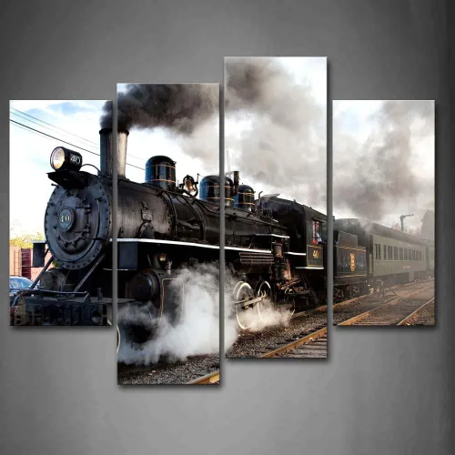 Tren con trenes de vapor de humo gris en progreso, pintura artística de pared, impresión sobre lienzo, cuadros de automóvil para decoración del