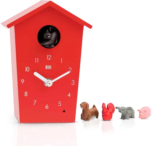 KOOKOO AnimalHouse - Reloj de cuco pequeño, rojo, con 5 sonidos de animales de granja (grabaciones de campo naturales)