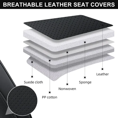 Miniatura 4 de Fundas de asiento de coche color negro, par de fundas de asiento delantero de cuero transpirable con reposacabezas, funda universal de asiento