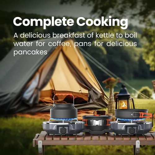 Miniatura 5 de Cofiyard Kit de estufa de propano de 2 quemadores para acampar con utensilios de cocina, estufa de gas propano plegable al aire libre, estufa