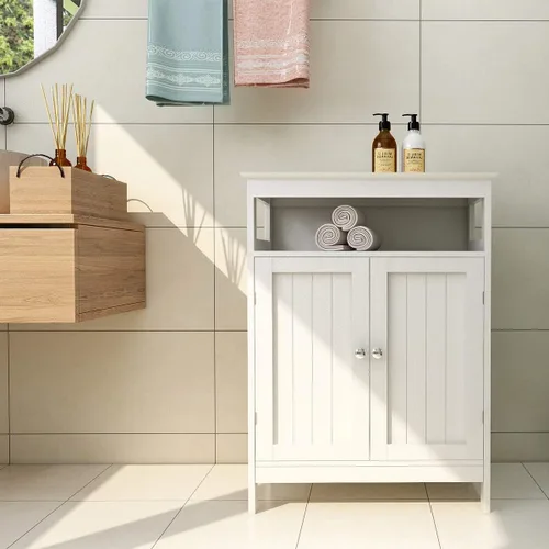 Miniatura 4 de RASOO Armario de almacenamiento de baño, armario organizador independiente blanco para baño, sala de estar (2 puertas y un estante ajustable)