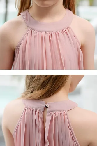 Miniatura 5 de GORLYA Vestido plisado de gasa con cuello halter y hombros descubiertos para niñas de 4 a 14 años