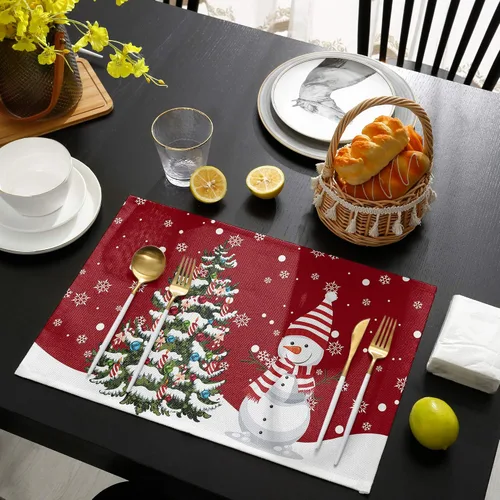Miniatura 4 de Juego de 6 manteles individuales de Navidad, muñeco de nieve, copo de nieve, árbol de Navidad, resistentes al calor, para mesa de comedor, lino