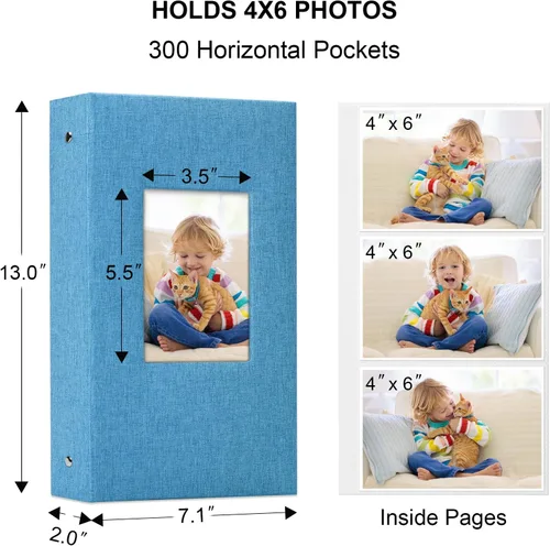 Miniatura 6 de Vienrose - Álbum de fotos de lino con 300 bolsillos de 4 x 6 pulgadas, cubierta de tela, para bodas, familias, aniversarios y bebés Azul cielo