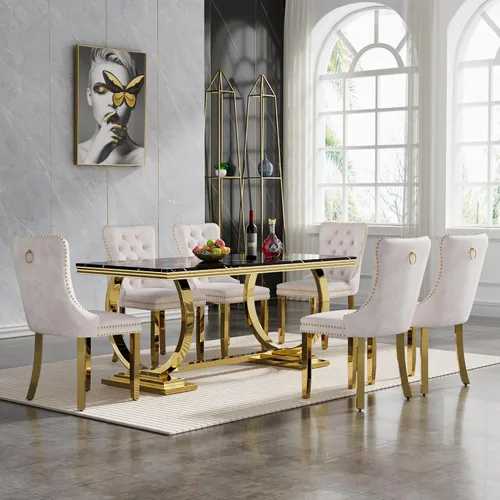 Miniatura 59 de HomVent Juego de mesa de comedor moderna de mármol sintético para 4 personas, mesa de cocina rectangular con 4 sillas beige (dorado)
