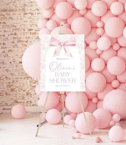 Letrero de Baby Shower con Lazo Rosa, Letrero de Bienvenida de Baby Shower Floral Toile, Letrero de Baby Shower de Niña con Lazo Rosa, Elegante Bebé