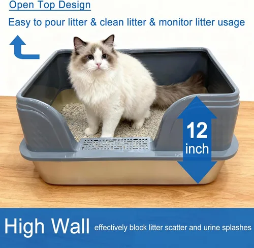 Miniatura 3 de Paquete de 2 cajas de arena de acero inoxidable para gatos con tapa de cara alta, 23.6 pulgadas de largo x 15.8 pulgadas de ancho x 11.8 pulgadas