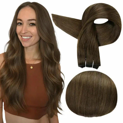 Miniatura 57 de Full Shine Extensiones de cabello humano, 18 pulgadas, mechones de trama, color #2 castaño oscuro, 3.5 onzas, cabello Remy para coser, doble trama