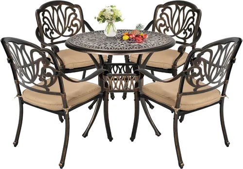Miniatura 8 de TITIMO Juego de comedor de 5 piezas de aluminio fundido para patio al aire libre, 4 sillas con patrón y mesa redonda de 35.4 pulgadas, juego de Sin