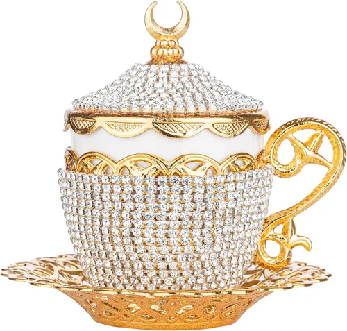 Miniatura 8 de Alisveristime Juego de 27 tazas otomanas de café turco griego árabe para servir, platillo de cristal (Gelincik) – Juego tradicional hecho a mano