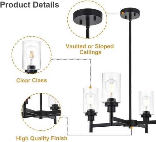 Miniatura 7 de Lámpara de araña de cristal de 4 luces estilo granja, negra, para cocina, iluminación colgante con cilindro de cristal transparente para comedor