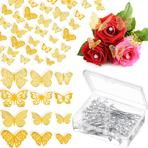 Juego de 148 piezas de ramilletes de ramo para flores y mariposas doradas 3D, juego de decoración de pared de flores y diamantes, cabezas de alfiler