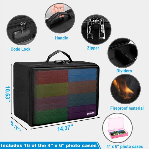 Miniatura 4 de ENGPOW Caja de almacenamiento de fotos ignífuga con 16 estuches interiores de 4 x 6 pulgadas (multicolor), organizador de fotos con cerradura