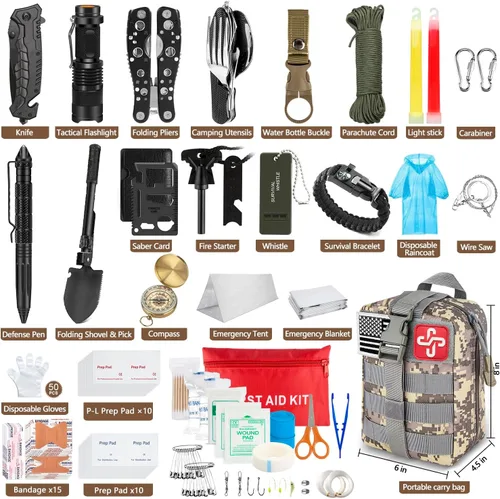 Miniatura 2 de Kit de supervivencia de emergencia de 238 piezas y kit de primeros auxilios, herramienta de equipo de supervivencia profesional con bolsa táctica