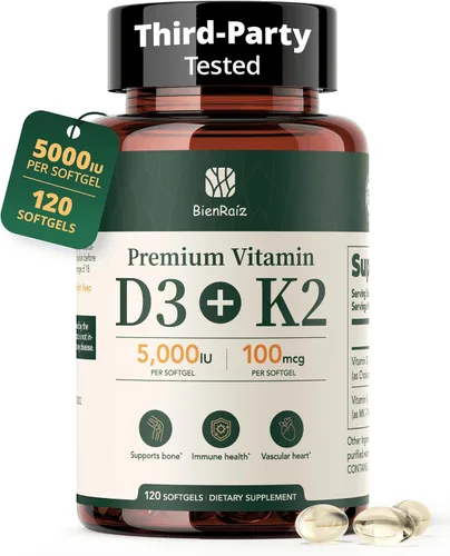 Vitamina D3 K2 5000IU 100mcg MK-7, 120 cápsulas blandas, sin gluten, suplemento de vitamina K2 D3 2 en 1 para la salud ósea y cardíaca, apoyo