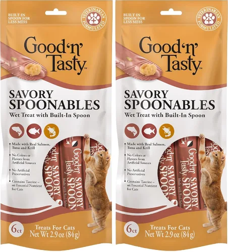 Miniatura 22 de Good 'n' Tasty Cucharas sabrosas con pato real, carne de res y conejo, tubo de 6 unidades, golosinas húmedas exprimibles de triple sabor para gatos